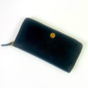 Tory Burch Black Zip-Around Wallet with Gold Logo
